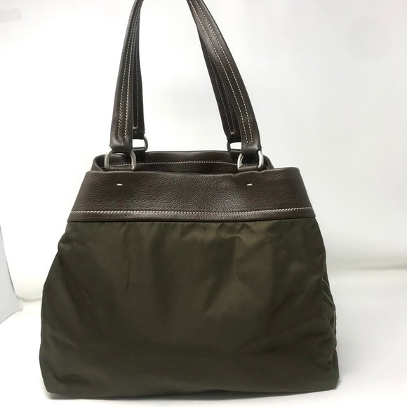 *SOLD* Prada Green Nylon & Brown Leather Twin Handle Bag - Picture 3 of 12